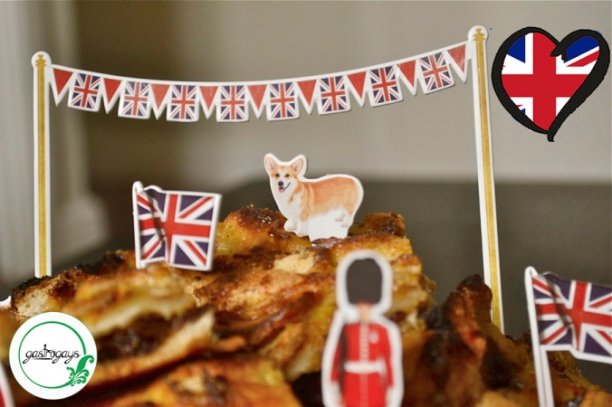 bread and butter slices, earl grey custard, bread pudding, UK characters, british recipe, queen corgi