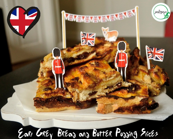 bread and butter slices, earl grey custard, bread pudding, UK characters, british recipe